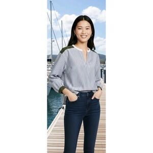 Loft Top Womens Size M Blue Green Striped 3/4 Sleeve Academia Preppy NWT